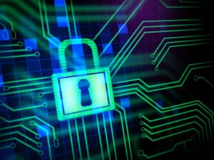Padlock and keyhole in a printed circuit. Digital illustration.