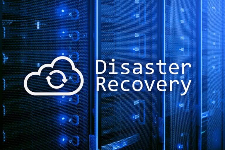 text reading disaster recovery overlaid on photo of blue servers